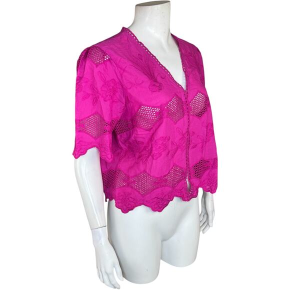 LOGO Lavish by Lori Goldstein Eyelet Lace Cropped Jacket Crushed Berry Small - Picture 4 of 11